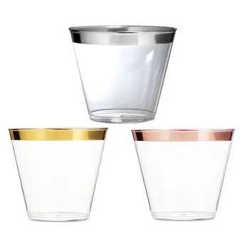100vnt 9 OZ Rožinio aukso sidabro apvadais permatomi vienkartiniai plastikiniai puodelių vakarėlių stalai