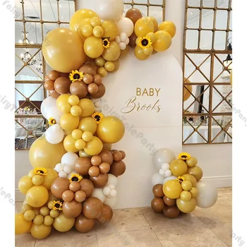 132vnt Garstyčių geltona karamelė Smėlis Balti balionai Arka Girliandų rinkinys Lytis Atskleisti krikštą Kūdikio dušas Gimtadienio šventės dekoracijos