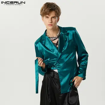 2023 Fashion Men Blazer Solid Color Lapel Long Sleeve Shiny Satin Irregular Suits Men Streetwear Casual Thin Coats S-5XL INCERUN