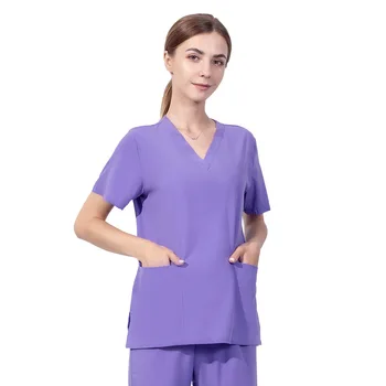 2023 Trumpomis rankovėmis V formos kaklo kišenės priežiūros darbuotojų marškinėliai Marškinėliai Vasaros uniformos De Enfermera Mujer Moteriški medicininiai drabužiai moterims