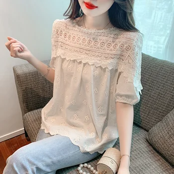 2023 Vasara Laisvi tuščiaviduriai nėrinių marškiniai Moteriški siuvinėjimai Trumpomis rankovėmis Vintažinė palaidinė Moterys Mada Korėjos elegantiškos viršūnės 27363