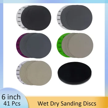 41 vnt šlapio sauso šlifavimo diskai 6 colių (150mm)Asorti smėlis su sąsajos padėklu, didelio našumo vandeniui atsparus kablys & kilpinis švitrinis popierius