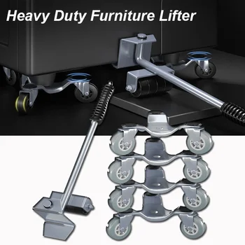 5Pc Heavy Duty Furniture Lifter Transport Tool Furniture Mover komplektas 4 Move Roller 1 ratų strypas judančių baldų pagalbininkui pakelti