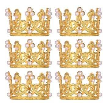 6Vnt Gold Mini Crown Cake Topper Small Crystal Pearl Cupcake Toppers Tiara Small Cupcakes Crown Metal vestuvių gimtadieniui