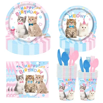 8vnt Kačių teminis vakarėlis Stalo indai Miau Kačiukas Lėkštės Puodeliai Servetėlės Katės gimtadienio vakarėlis Su gimtadieniu Reikmenys Vaikų palankumas