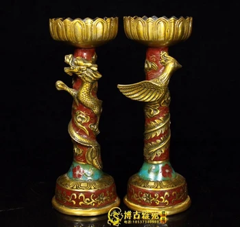 Antikvariniai bronzos dirbiniai Cloisonné drakono Fenikso žvakių stovas pora raudonų varinių korpusų filigrano emalio antikvariniai amatų reikmenys