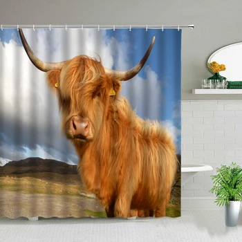 Aukštaitijos karvės Juodos dušo užuolaidos Vakarų laukinės gamtos gyvūnų bulių portretas Vonios dekoro vonios ekranai Neperšlampami kabliukai