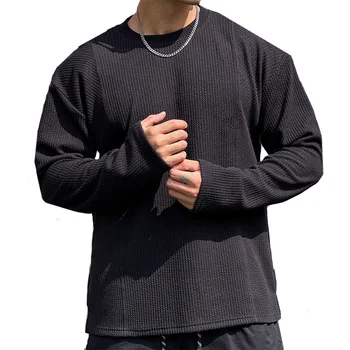 Aukštos kokybės pavasario ir rudens vyriški marškinėliai ilgomis rankovėmis Madingi laisvalaikio sportiniai sportiniai marškiniai apvaliomis kaklo galvutėmis