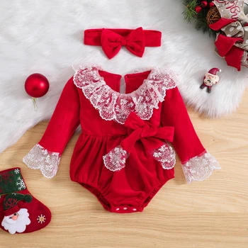 Baby Girls Christmas Casual Romper ilgomis rankovėmis nėrinių apykaklės lankas su raudona galvos juosta