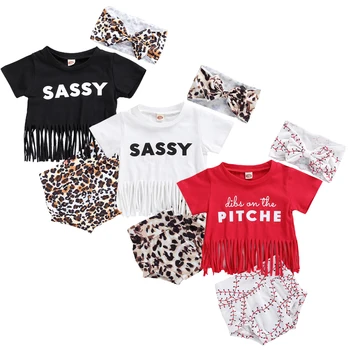 Baby Girl's Clothes Set 3vnt Summer Unique Tuisel Letter Short Sleeve Top Print Wrapped Shorts Headband Outfits Set 6-24Months