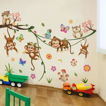 Baby Monkey Džiunglių kambario lipdukai Vaikų tapetai Vaikų kambarys Sienų lipdukai vaikams ant sienos Džiunglių gyvūnai Tapetai Beždžionės Plakatas