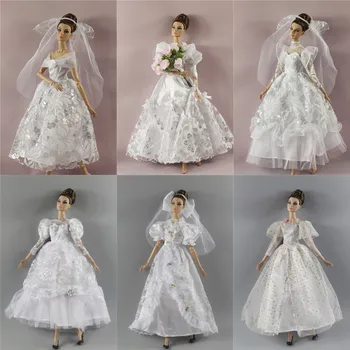 Balta vestuvinė suknelė Šydo gėlių puokštė, vakarinės suknelės apranga 30cm barbei FR Xinyi lėlei, 1/6 lėlių drabužiai