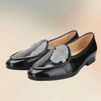 Black Fish Scale Print Patent Leather Loafers Fashion Slip On Men Shoes Prabangus rankų darbo vakarėlių pokylių biuras Vyriški suknelės batai