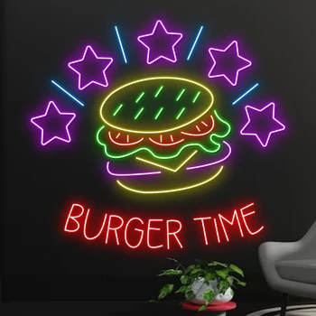 Burger Time Neon Sign for Burgers Shop Fast Food Indoor Decor Led Neon Signs Restaurant Wall Art Custom Business Neon Light