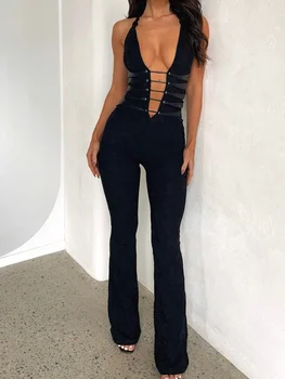 CHRONSTYLE Women Deep V-neck Jumpbines Halter Criss-Cross Lace-up Backless Rompers Off Shoulder Playsuits Long Flare Pants 2024