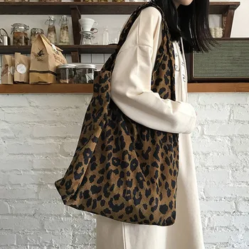 Classic Leopard Printing Top-handle Bag Women Corduroy Shopping Bag Large Talpa Book Tote Bag Female Casual Shoulder Bag