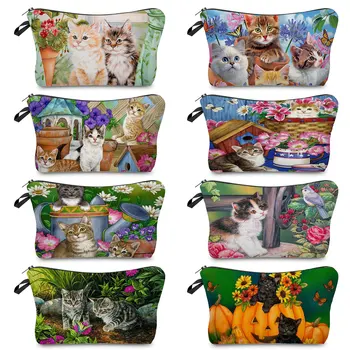 Cute Animal Ladies Kosmetikos krepšys Nešiojami makiažo krepšiai Sodo katės atspausdintas moteriškų tualeto reikmenų rinkinys Lauko kelionių organizatorius Sulankstomas