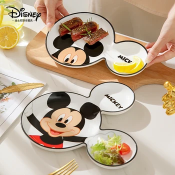 Disney Mickey Mouse Cartoon Cute Kawaii Lose Fat Dinner Plate Home Breakfast Ceramics Creative Grid Plate Child Tableware