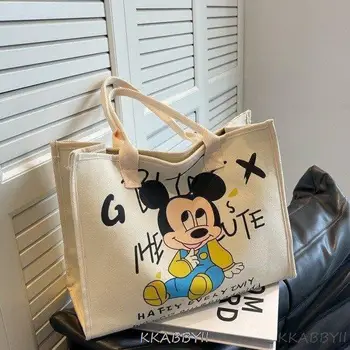 Disney New Girls Canvas Bag Cartoon Mickey Mouse Shoulder Bag Student Handbag Female Minnie Shopping Bag Large Capacity Tote Bag