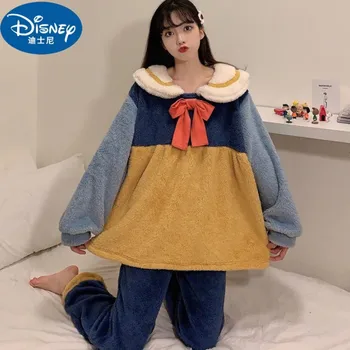 Disney Snieguolė Žiema Šilta Flanelė Moteriškų pižamų komplektas Kelnės ilgomis rankovėmis Dviejų dalių komplektas Minkštos moterys Mieli namų drabužiai