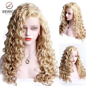 EEWIGS Highlight Blonde Synthetic Nėrinių priekinis perukas Rankomis surišti mišrūs garbanoti perukai su kūdikių plaukais Karščiui atsparūs moterims be klijų