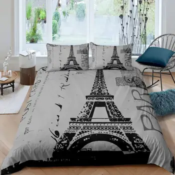 Eifelio bokšto antklodžių užvalkalų komplektas Paryžius Prancūzija Patalynės komplektai Karalienės dydis Senas laikraščio stilius Komforto dangtelis vyrams Moterys,Pilka Stilinga 0
