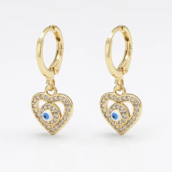 Elegantiški širdies pakabukų auskarai Inlay Blue Eye Cubic Zirconia Ear Jewelry Ear Buckle Hoop Gold Plated Piercing Eararetes De Mujer