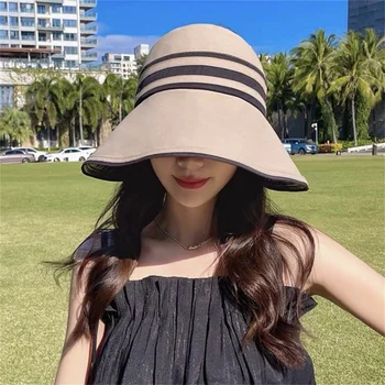 Elegantiškos vasarinės kepurės nuo saulės moterims mergaitėms Reguliuojamos plačios kraštinės apsaugos nuo UV spindulių paplūdimio kepurė Kvėpuojanti sulankstoma Panamos kepurė Ponytail kepurės