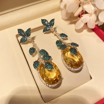 Fashion Green Leaf And Yellow Cubic Zirconia Vintage Luxury Drop Earring for Women Jewelry Pink Barbie Powder Kut Crystal