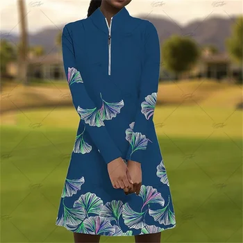 Fashion Print Autumn Golf Moteriška laisvalaikio suknelė ilgomis rankovėmis Fitnesas Patogi suknelė ilgomis rankovėmis Lauko sportinė trumpa suknelė