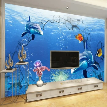 Foto tapetai HD Jūros peizažas Povandeninis pasaulis Delfinų freska 3D romantiškas vaikų kambarys Miegamojo fonas Namų dekoras 3D freska