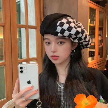 Grid Beret Hat Fashion Brand Style Winter and Autumn For Woman Retro Berets Summer Girl Black White Plaid Big Painter Gorro