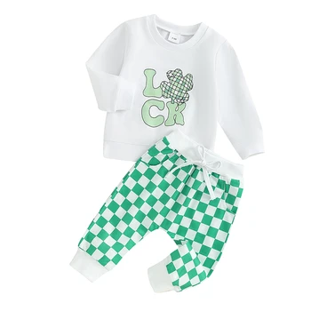 Infant Toddler Baby Boy St Patrick's Day Apranga Dobilo laiškas Marškinėliai ilgomis rankovėmis ir Jogger kelnių komplektas