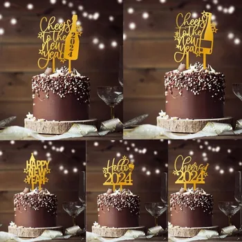 Ins 2024 Laimingų Naujųjų metų tortų toppers Kryžiaus metų akrilo keksiukaiToppers vakarėlis Laimingų Naujųjų metų kepimo pyrago dekoravimas