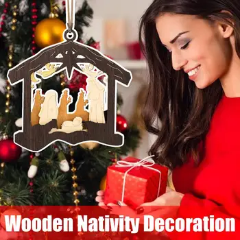 Kalėdiniai kabantys tuščiaviduriai gimimo scenos pakabukai Kalėdinė puošyba Medis Jėzus iš medinių papuošalų Gimimo dovanos Amatai P8J4