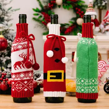 Kalėdinio vyno butelio dangtelis 3PCS Megztas megztinis rankų darbo minkštas kalėdinio butelio dangtelis kalėdiniams šampano vakarėliams