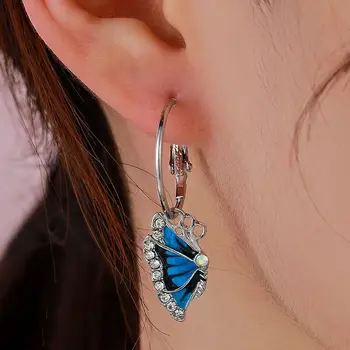 Klasikiniai drugelio lašo auskarai moterims Sidabro spalva Mėlyna Emalio aliejus Kristalų pareiškimas Papuošalų geometrija Apvalios kilpos auskarai