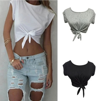 Knotted Tie Front Crop Tops Summer Women Cropped T Shirt Casual Tanks Camis Casual O Neck Short Sleeve Solid Tees