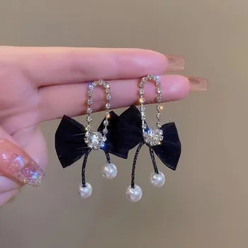 Korėjietiški ausies Mados papuošalai Juodas aksomas Bowknot Karoliukai Pareiškimas Auskarai moterims Vestuvės Valentino dienos dovana