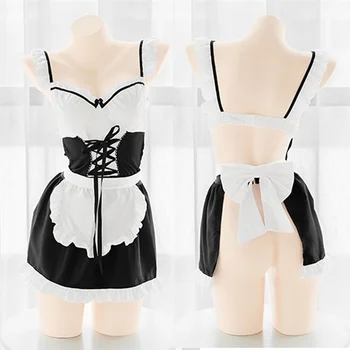 Lolita Girls Anime tarnaitė seksuali Cosplay kostiumo tvarstis tuščiaviduris Bodycon Backless smėlinukų lankas su prijuoste Moteriškas apatinio trikotažo rinkinys Dovana