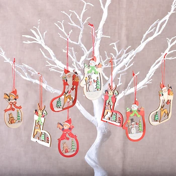 Medinės kalėdinės pakabuko pirštinės Kojinių forma Dažytas Kalėdų senelis Sniego senis Briedis Kabantys ornamentai Kalėdų eglutės festivalio vakarėlio dekorui