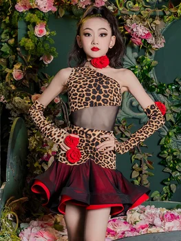 Mergaičių lotynų šokio spektaklis Kostiumas Leopardo kostiumas Vaikai Cha Cha Rumba Samba Šokių praktikos drabužiai Konkursinė suknelė DNV18135