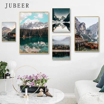 Miško ežero plakatai ir spaudiniai Valčių sienų paveikslėliai Sniego kalno sienos menas svetainei Namų dekoras Drobė Tapyba kambariui