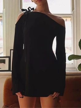 Moterys s Mini suknelė ilgomis rankovėmis Vienspalvis kaspinas Kaklaraištis Įstrižas pečių Bodycon suknelė Vakarėlis Kokteilis Trumpa suknelė