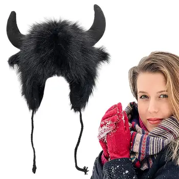 Moterys Vyrai Žieminiai kailiniai Pliušiniai sniego gaudytojai Kepurė Mielas jaučio ragas Pūkuotas gyvūno kepuraitė su ausies atvartu Cosplay ausinės