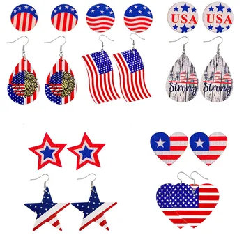 Nepriklausomybės dienos auskarai Amerikos vėliavos rinkinys Apvali širdis Pentagramos saulėgrąžų odiniai auskarai
