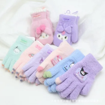 New Kawaii Sanrios Kuromi Kids Plush Gloves Anime Cinnamoroll Kuromi Winter Half Finger Flip Rašymo pirštinės su mergaičių dovanomis 0