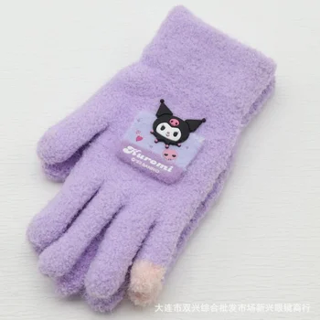 New Kawaii Sanrios Kuromi Kids Plush Gloves Anime Cinnamoroll Kuromi Winter Half Finger Flip Rašymo pirštinės su mergaičių dovanomis 2