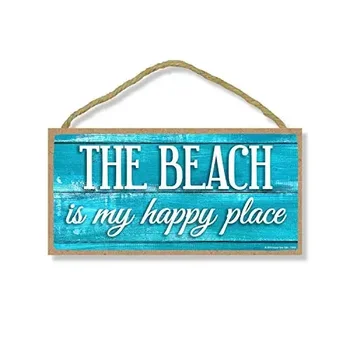 Paplūdimio temos dekoras, Paplūdimys yra mano laiminga vieta, kabantis medžio ženklas, pakrantės dekoras
