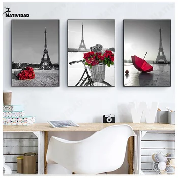 Paris Red Rose Umbrella Canvas Painting Landscape Plakatai Prints Nordic Wall Picture for Living Room Bedroom Home Decoration